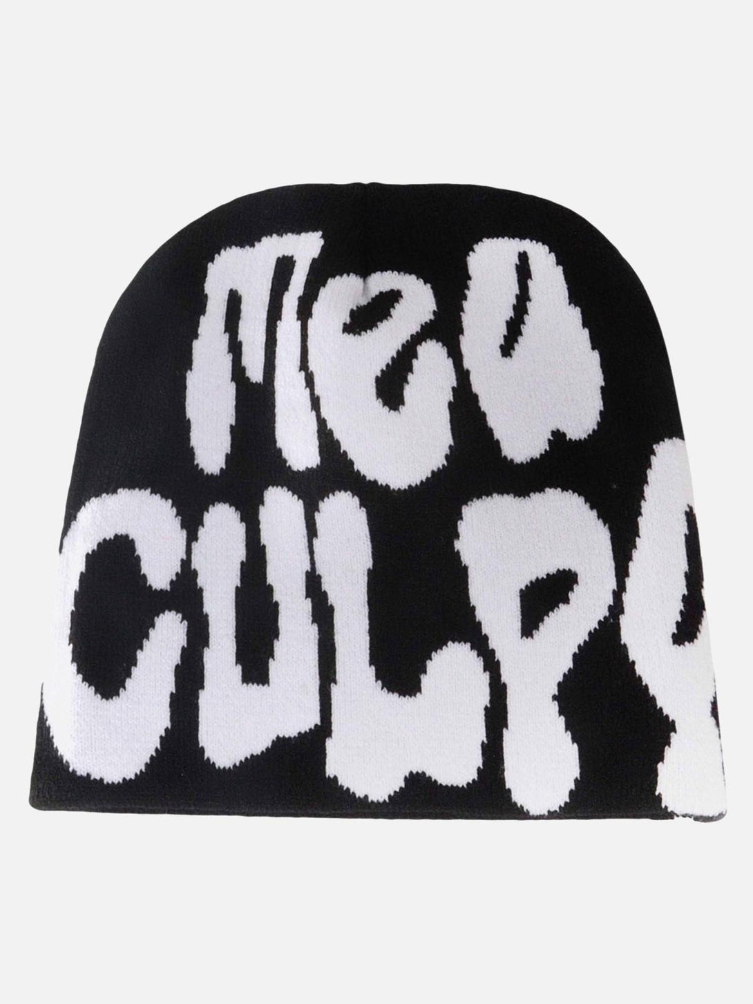 Front view of black knit hat with bold white "Mea Culpa" lettering, designed by TALISHKO.