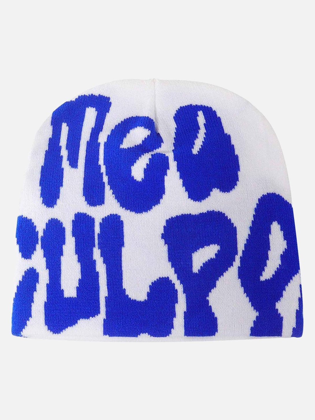 Front view of TALISHKO's white knit hat with bold blue "Mea Culpa" lettering, ideal for urban style.