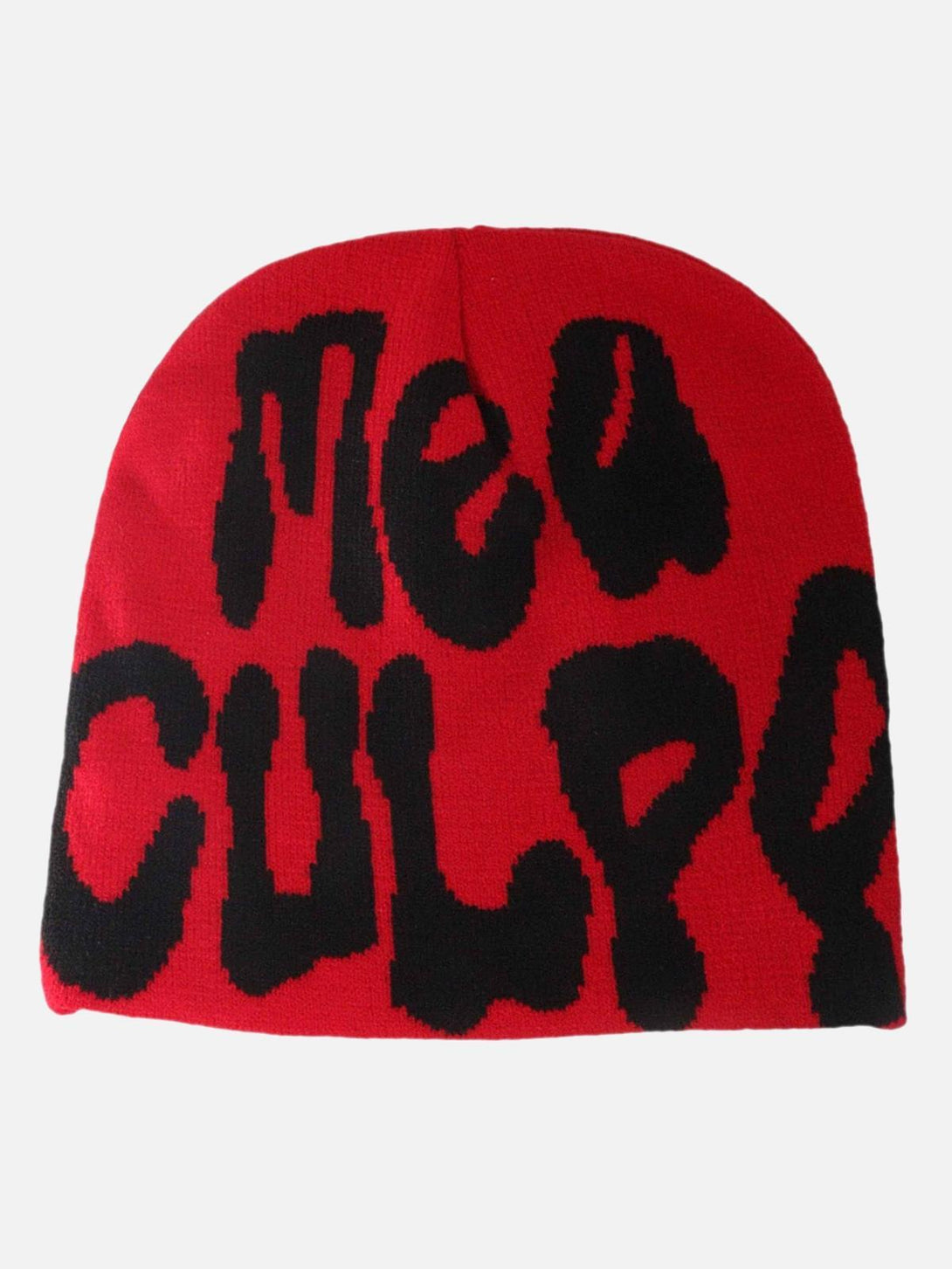 Front view of TALISHKO's red knit hat featuring bold black "Mea Culpa" lettering, ideal for urban flair.