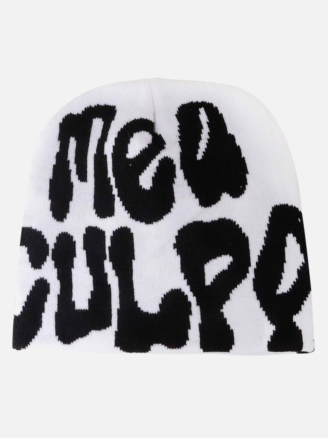 Front view of TALISHKO's white knit hat showcasing bold black "Mea Culpa" lettering.