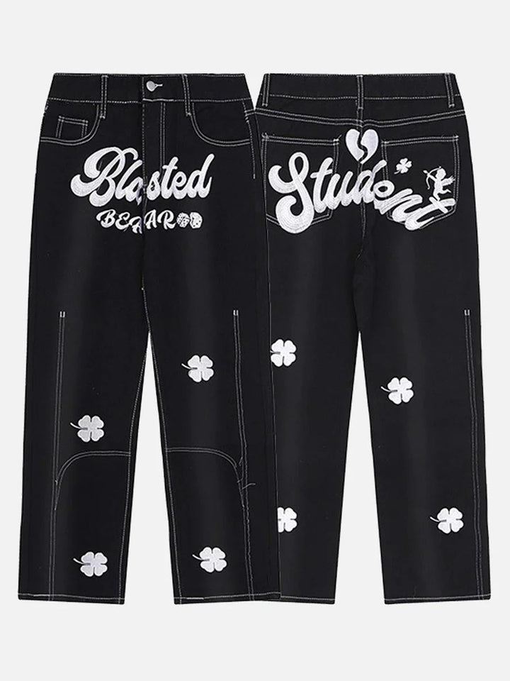 TALISHKO - Letter Lucky Clover Embroidered Baggy Jeans, streetwear fashion, talishko.com