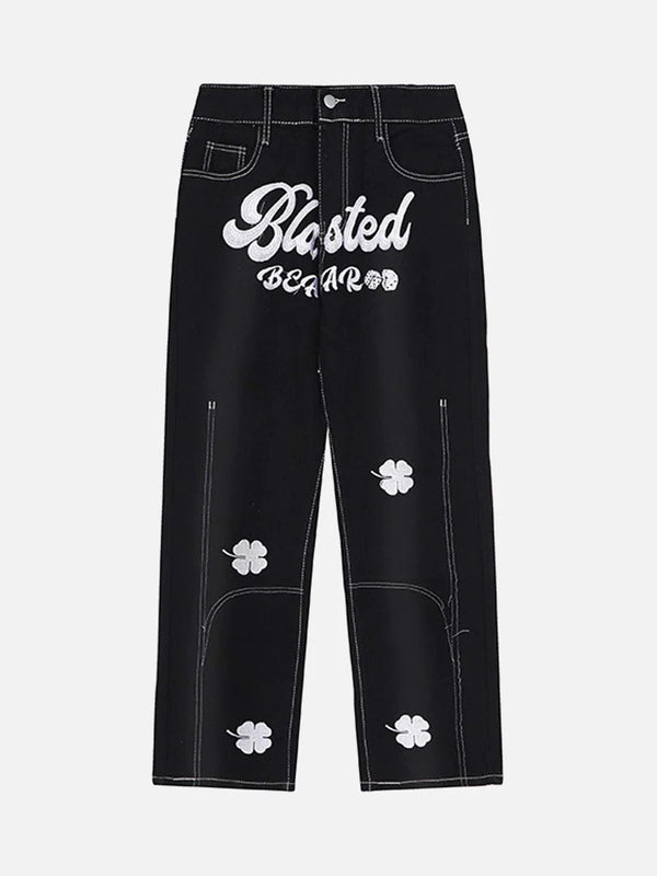 TALISHKO - Letter Lucky Clover Embroidered Baggy Jeans, streetwear fashion, talishko.com