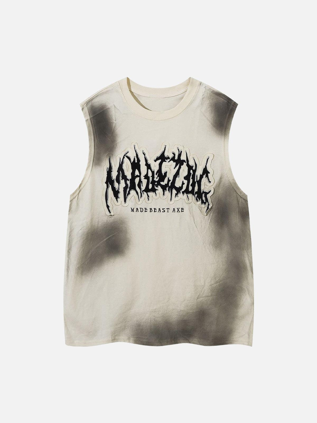 Front view of an apricot gradient tank top by TALISHKO, featuring bold letter patchwork.