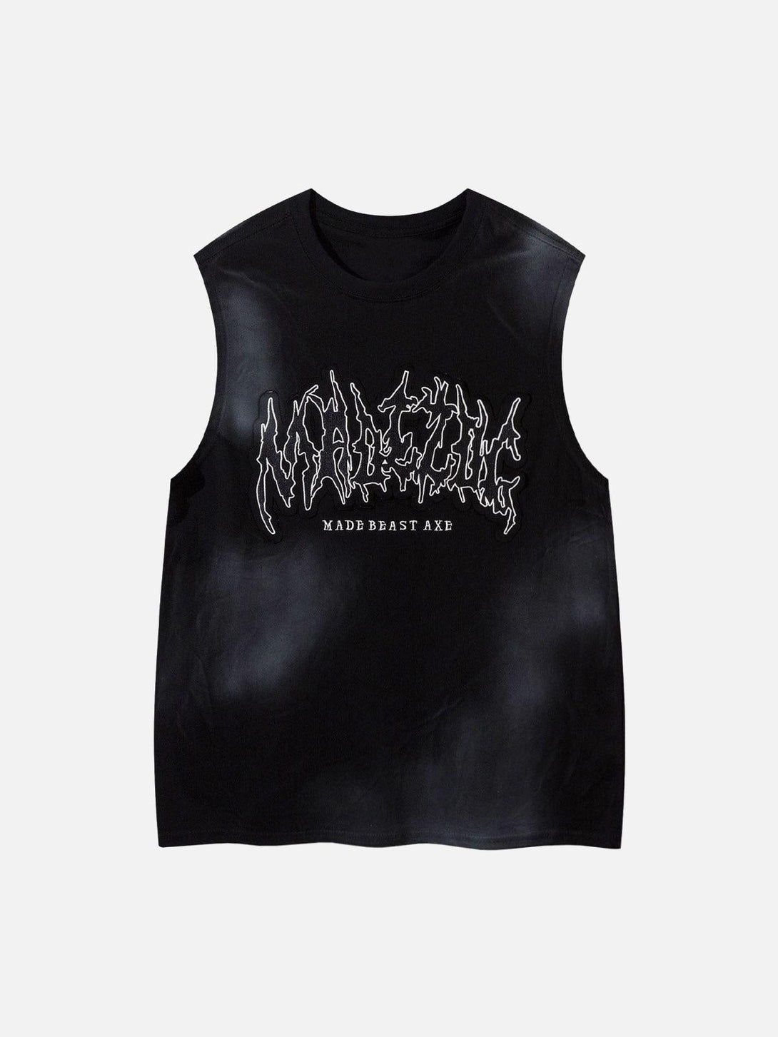 Front view of a black gradient tank top with bold lettering by TALISHKO, ideal for summer style.