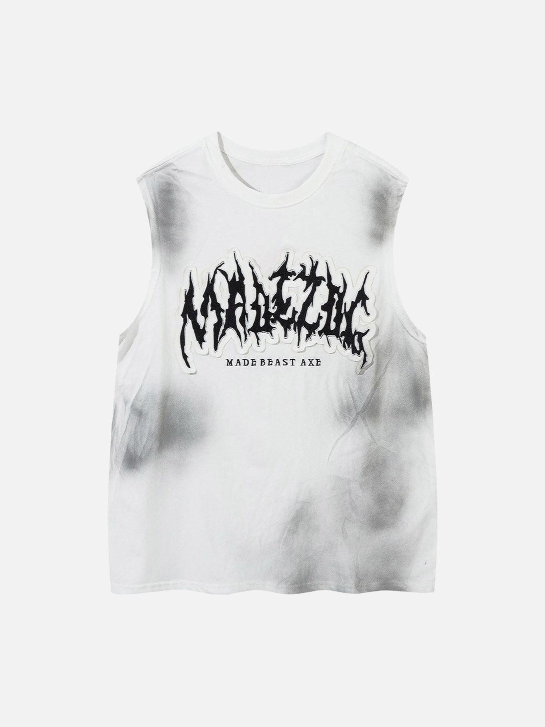 Front view of a white gradient tank top by TALISHKO, featuring bold letter patchwork design.
