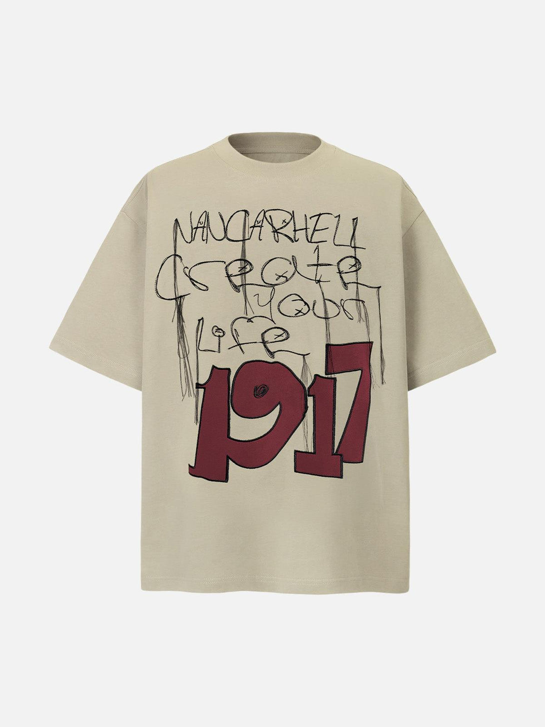 Front view of TALISHKO beige short sleeve T-shirt featuring a bold graphic letter print.