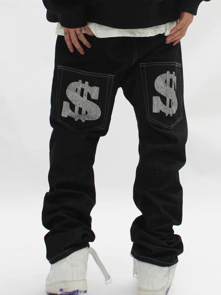 TALISHKO - Letter Print Dollar Black Baggy Jeans, streetwear fashion, talishko.com