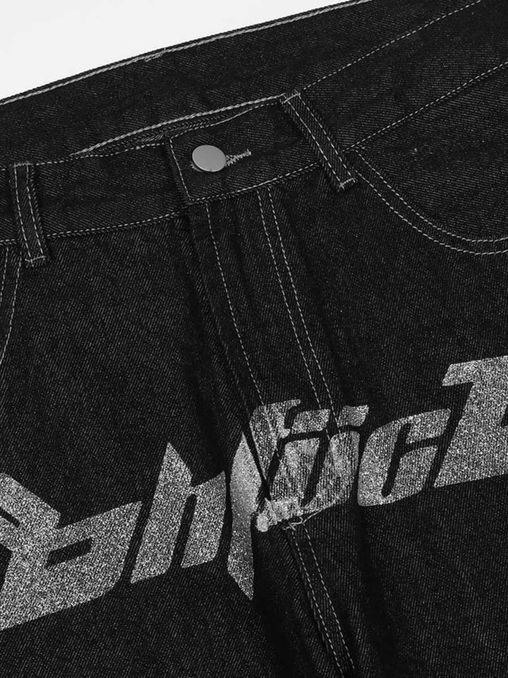 TALISHKO - Letter Print Dollar Black Baggy Jeans, streetwear fashion, talishko.com