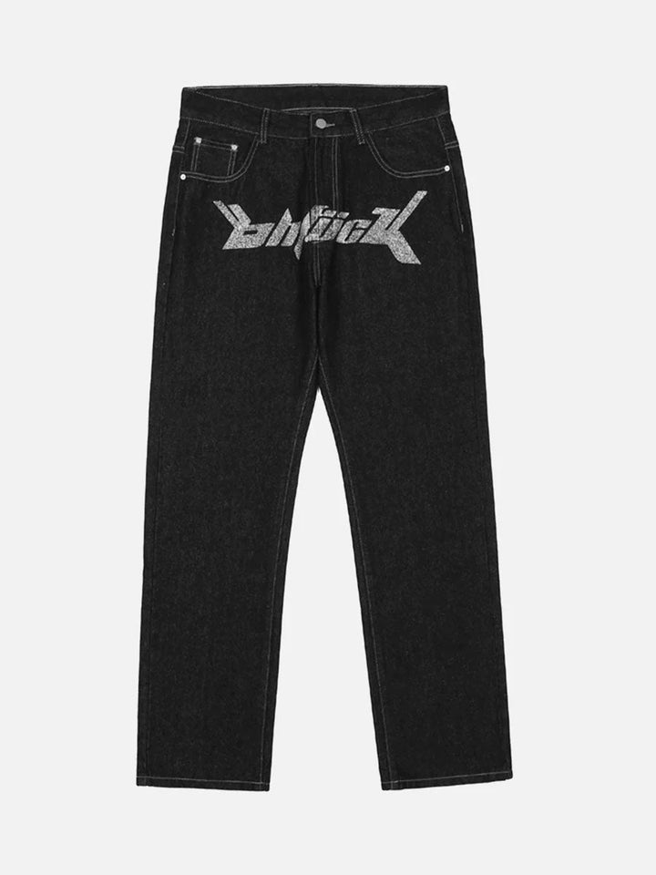 TALISHKO - Letter Print Dollar Black Baggy Jeans, streetwear fashion, talishko.com