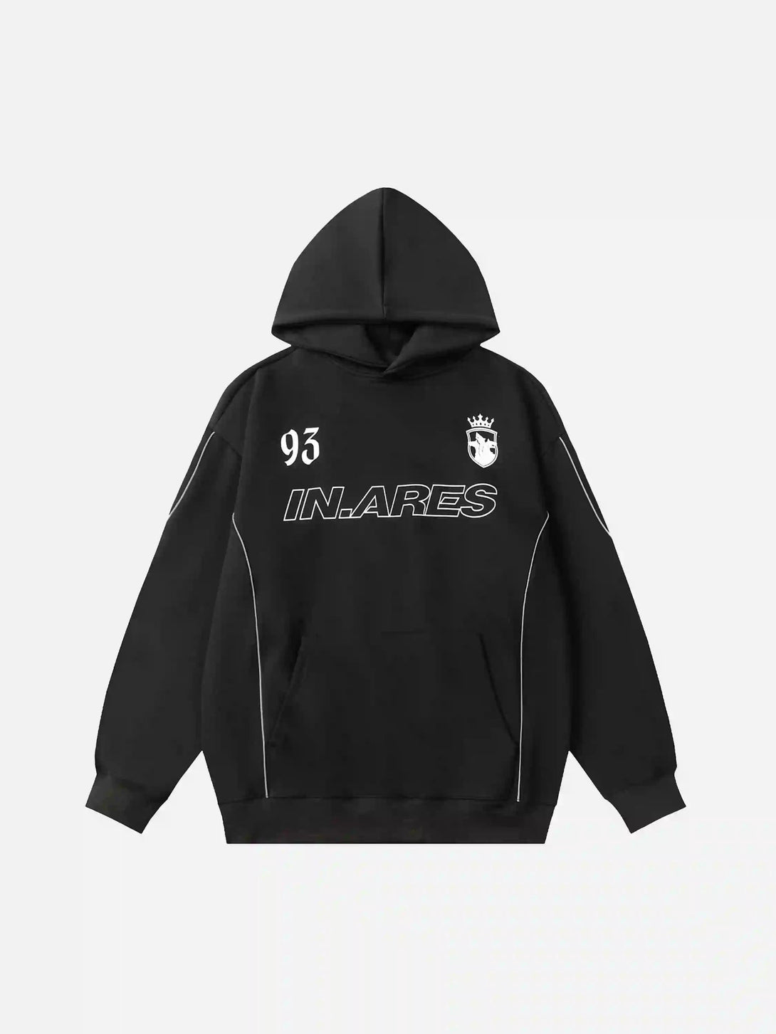 Front view of a black hoodie by TALISHKO, featuring letter print and line design for urban style.