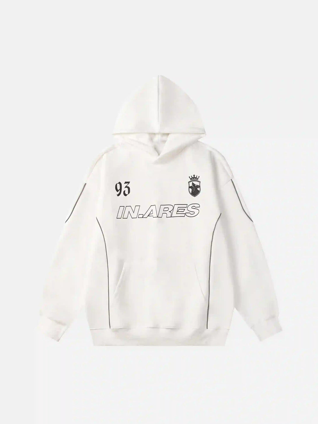 Front view of a white hoodie by TALISHKO, showcasing letter print and line accents for urban style.