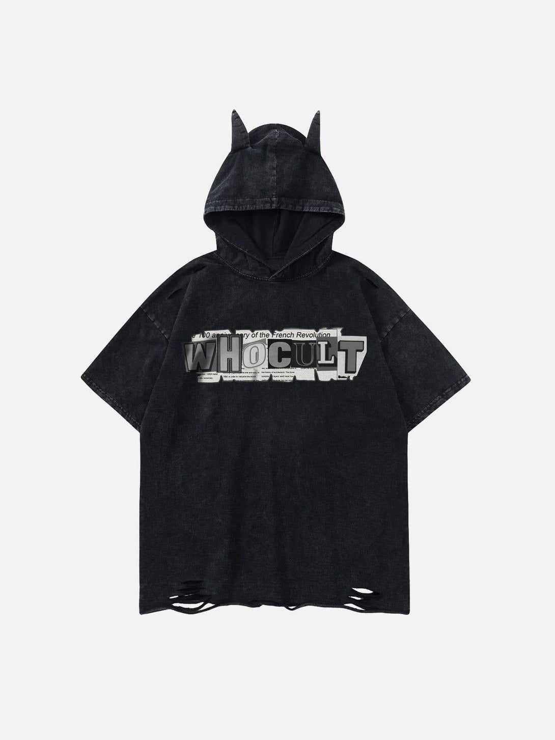 Front view of a black letter-print ripped hooded tee by TALISHKO with unique devil horn details.