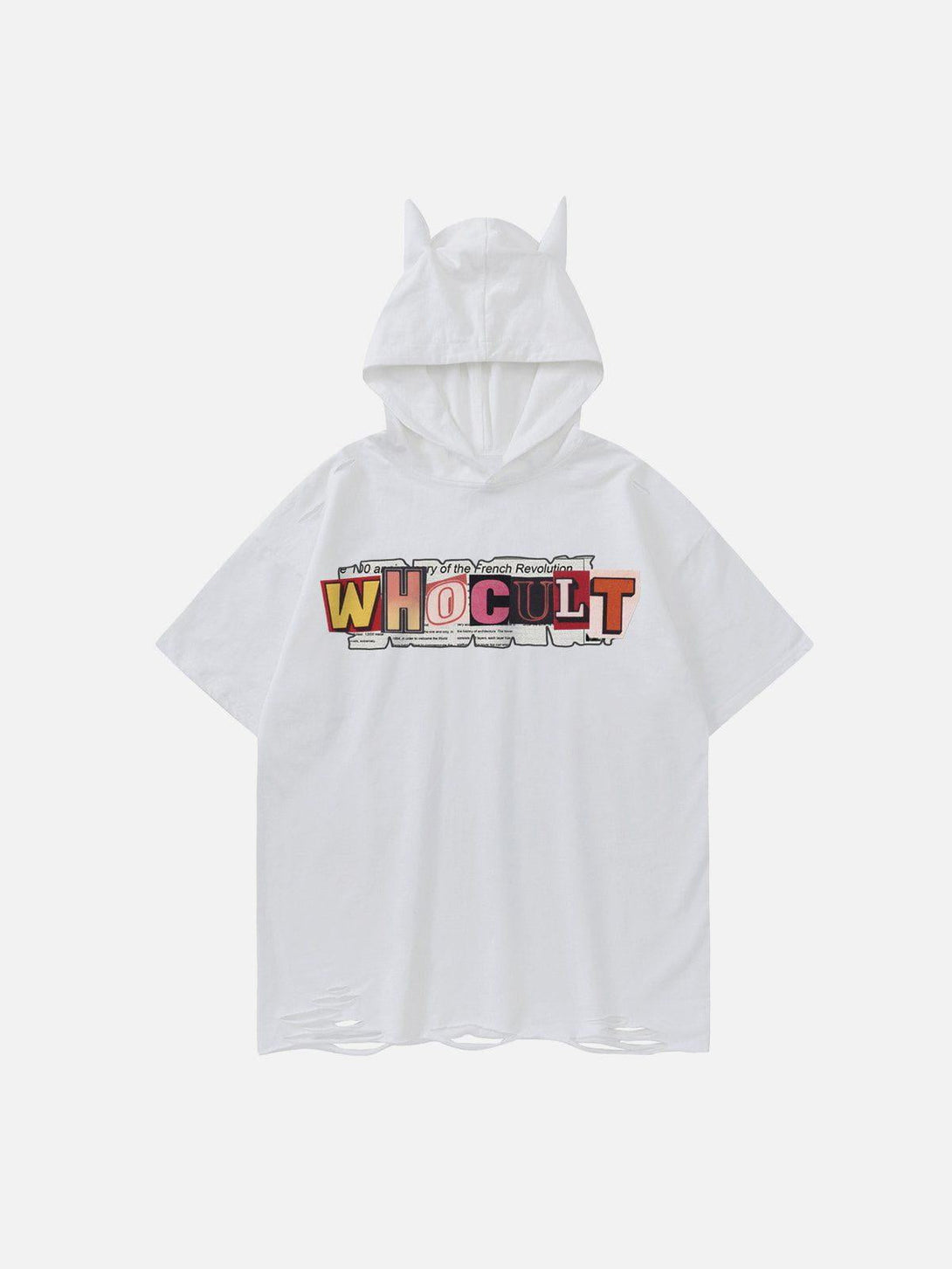 Front view of a white letter-print hooded tee by TALISHKO, featuring playful devil horn details.