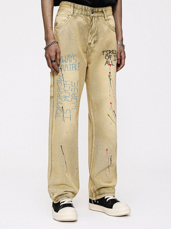 TALISHKO - Letter Print Straight Jeans, streetwear fashion, talishko.com