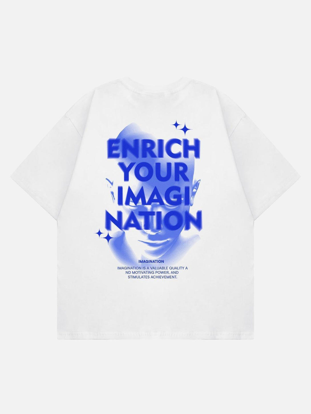 Back view of white TALISHKO t-shirt with bold blue lettering design, ideal for creative style.