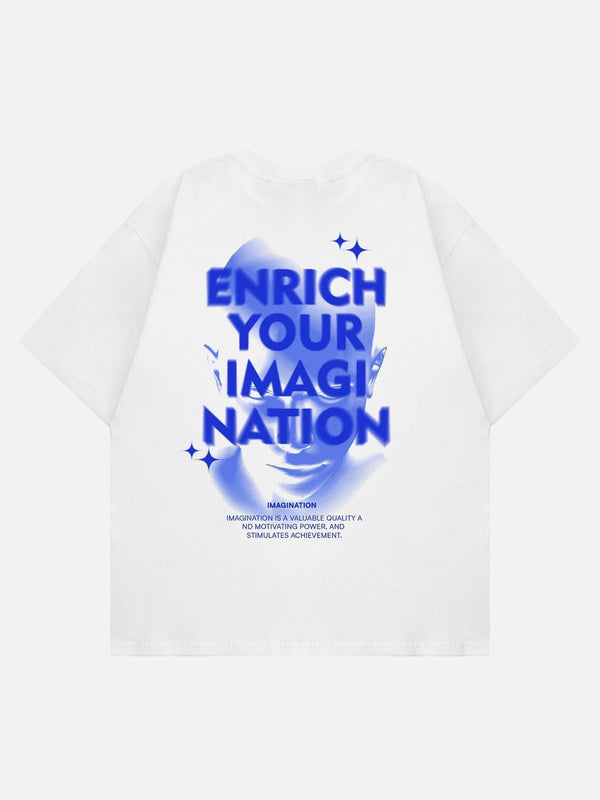 Back view of white TALISHKO t-shirt with bold blue lettering design, ideal for creative style.