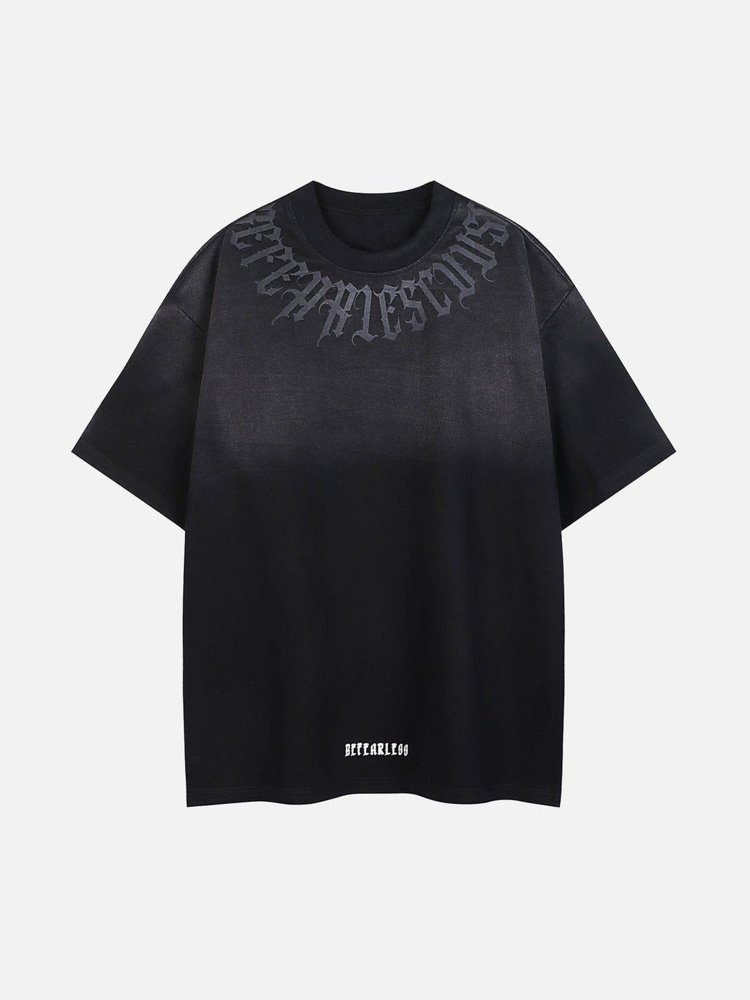 Front view of black gradient tee featuring bold lettering by TALISHKO, ideal for warm days.