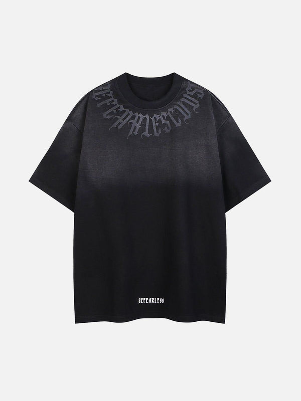 Front view of black gradient tee featuring bold lettering by TALISHKO, ideal for warm days.