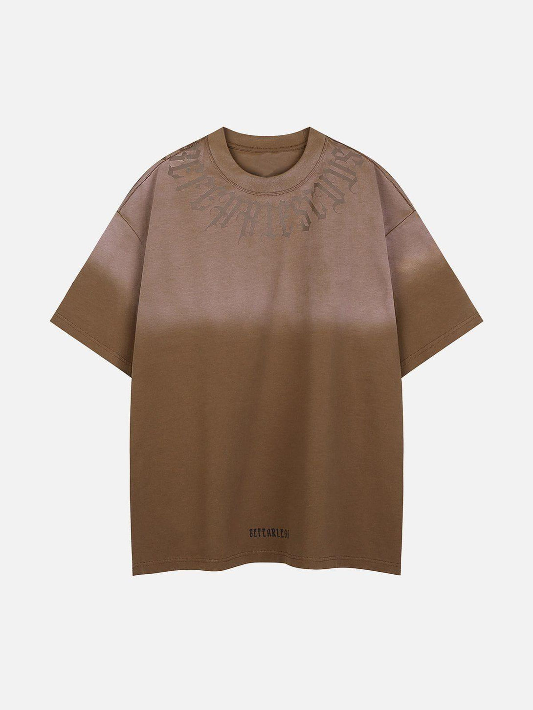 Front view of TALISHKO's coffee gradient tee with bold lettering, perfect for casual summer days.