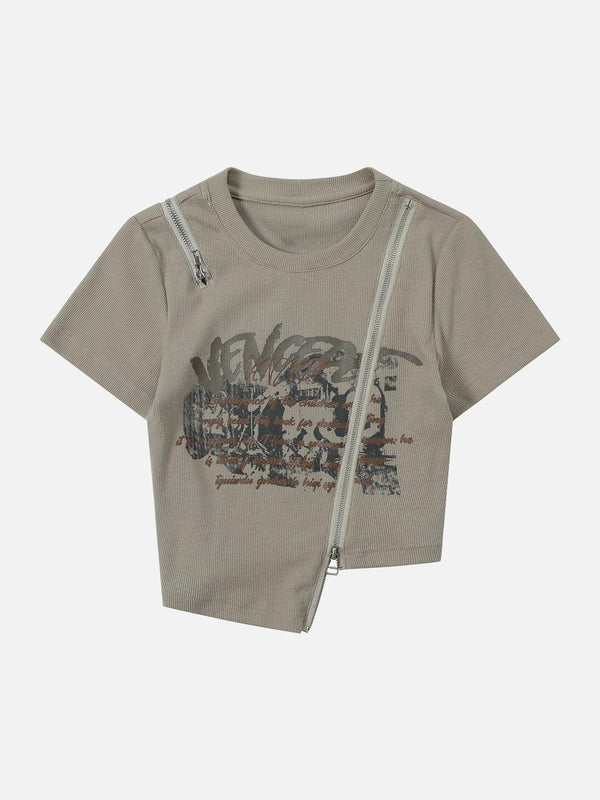 Gray letter-print zip tee by TALISHKO, showcasing front view with unique zipper design.