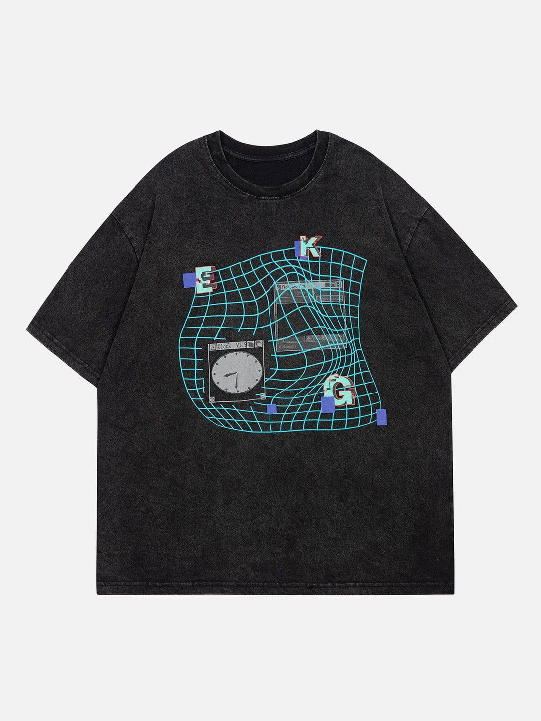 Front view of a black TALISHKO tee featuring a vibrant letter ripple print design.