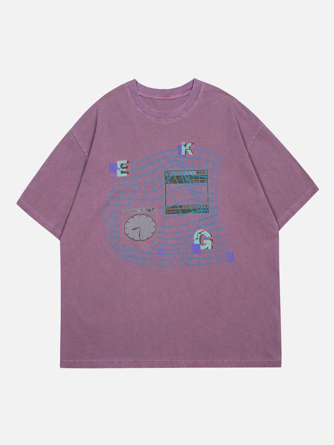 Front view of a purple TALISHKO tee with a unique letter ripple print design.