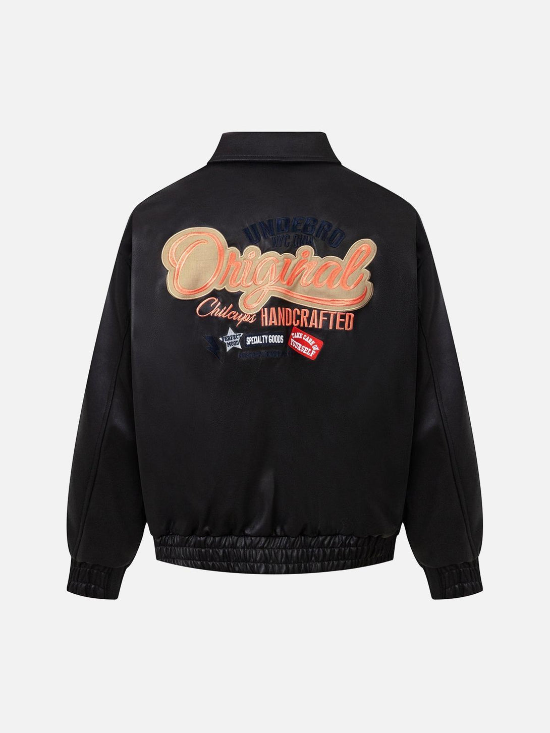 Back view of TALISHKO black bomber jacket with embroidered lettering, perfect for urban style.