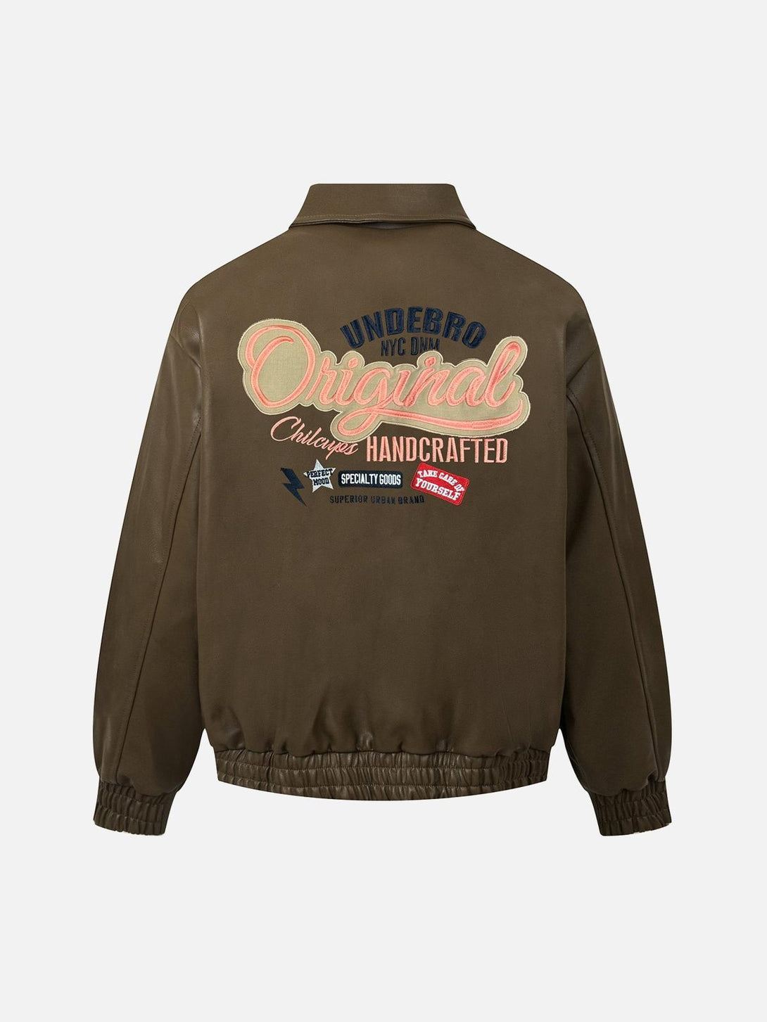 Back view of TALISHKO brown leather bomber jacket with embroidered lettering, exuding urban style.