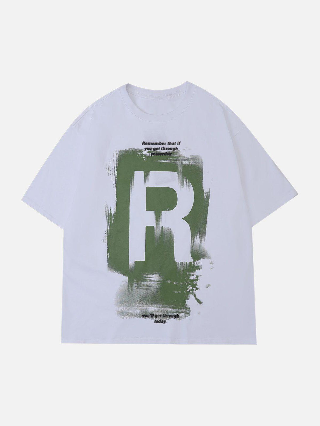 Front view of a white graffiti print tee by TALISHKO, featuring bold lettering design.
