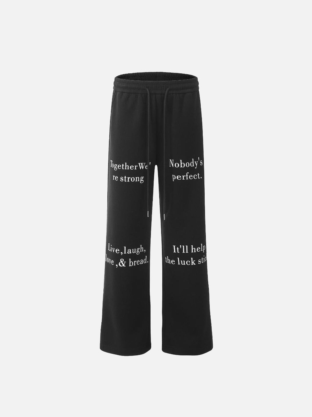 Black lettering print sweatpants by TALISHKO, front view highlighting casual street style.