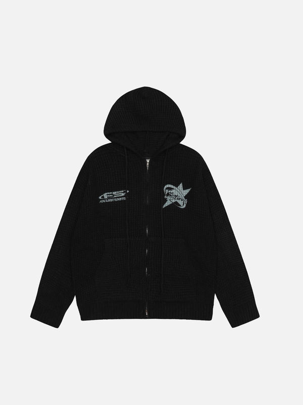 Front view of a black zip-up hoodie by TALISHKO with graphic lettering, ideal for urban style.