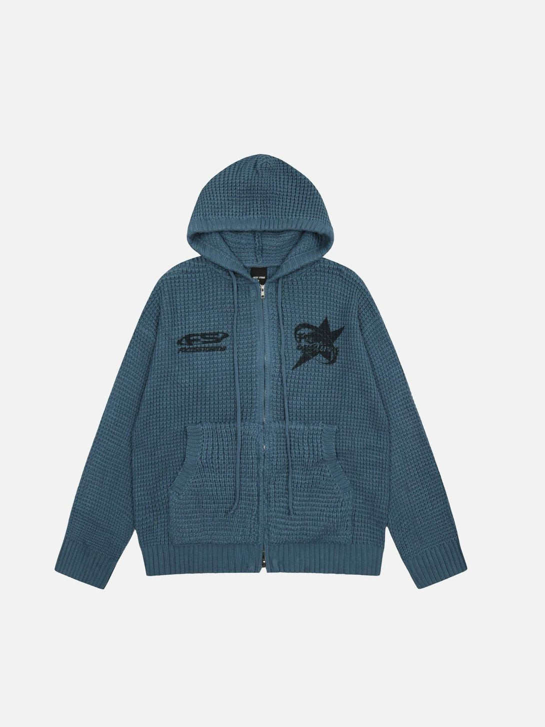 Blue zip-up hoodie by TALISHKO with graphic details, front view highlighting urban style.