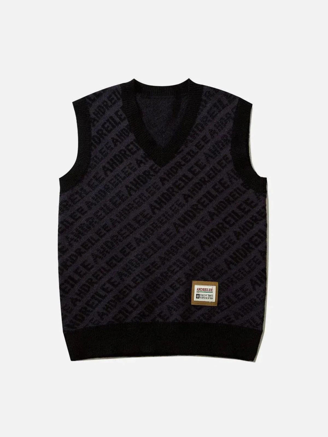 Black letters graphic sweater vest by TALISHKO, showcasing a chic urban style.