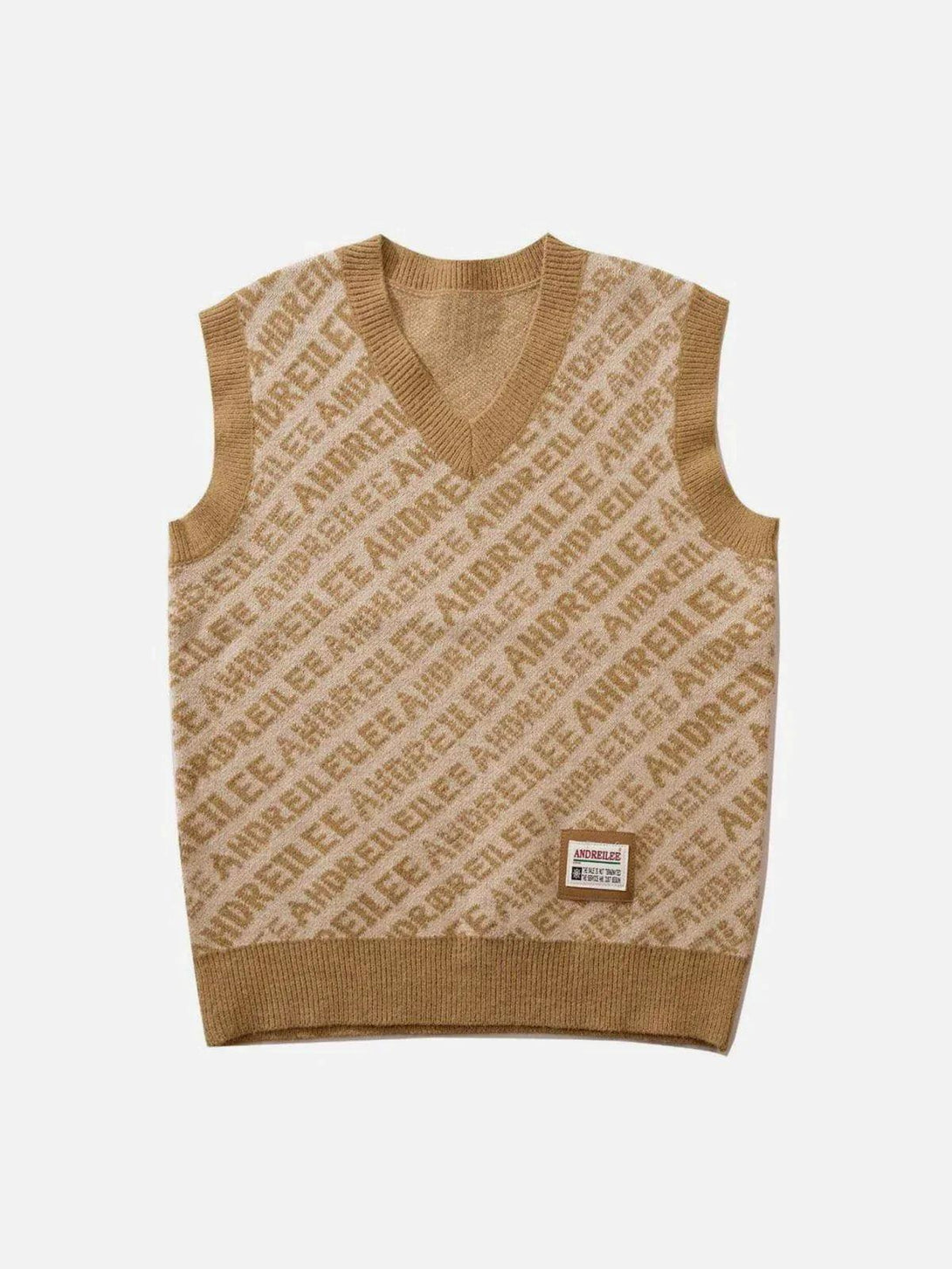 Brown letters graphic sweater vest by TALISHKO, featuring a stylish streetwear design.