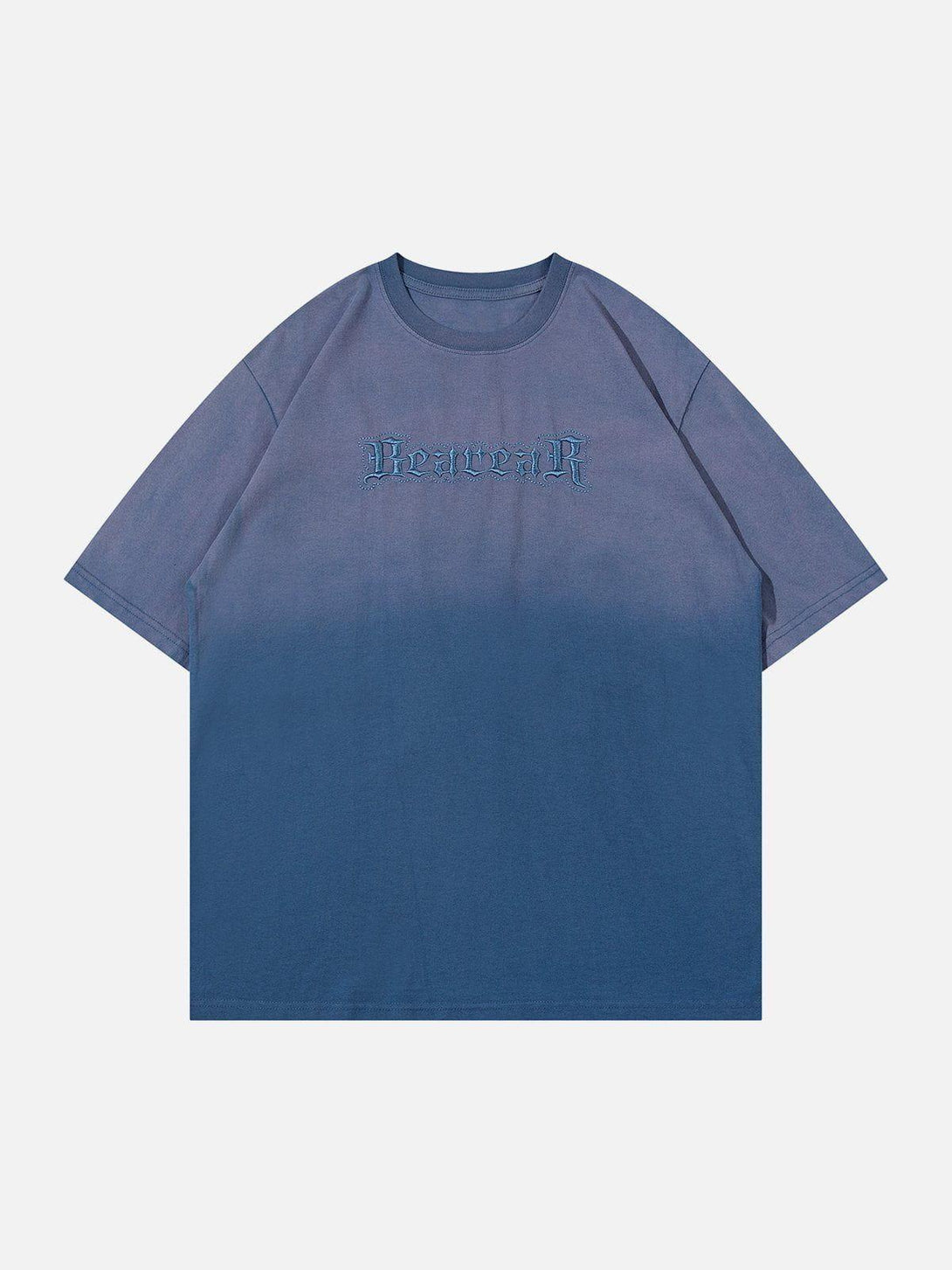 Front view of a blue vintage tee by TALISHKO, featuring an intricate letters graphic design.