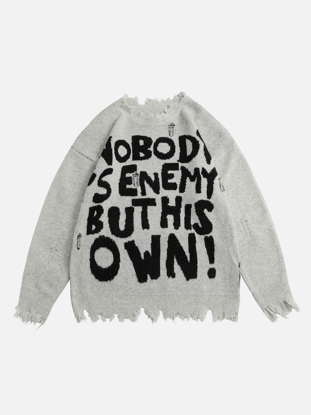 Front view of apricot ripped hole sweater by TALISHKO with bold black lettering design.