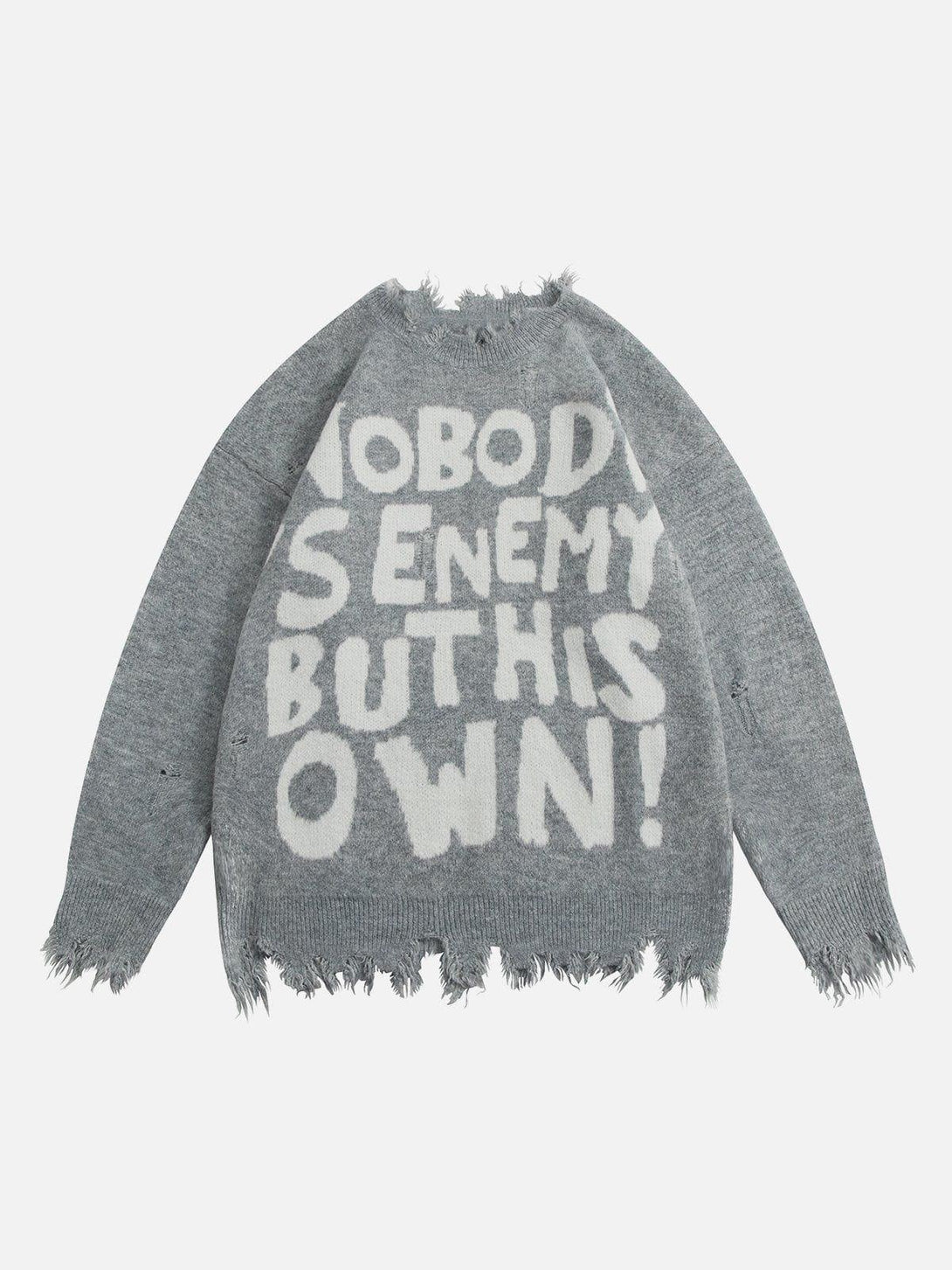 Front view of gray TALISHKO sweater with bold lettering and distressed hem for a casual vibe.
