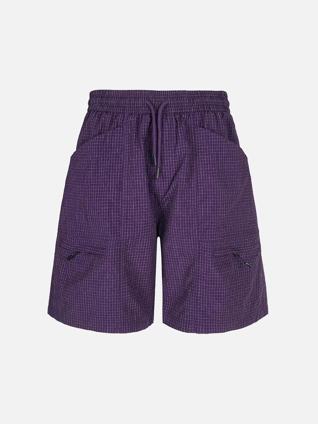 Front view of purple TALISHKO quick-dry cargo shorts, showcasing a stylish checkered pattern.
