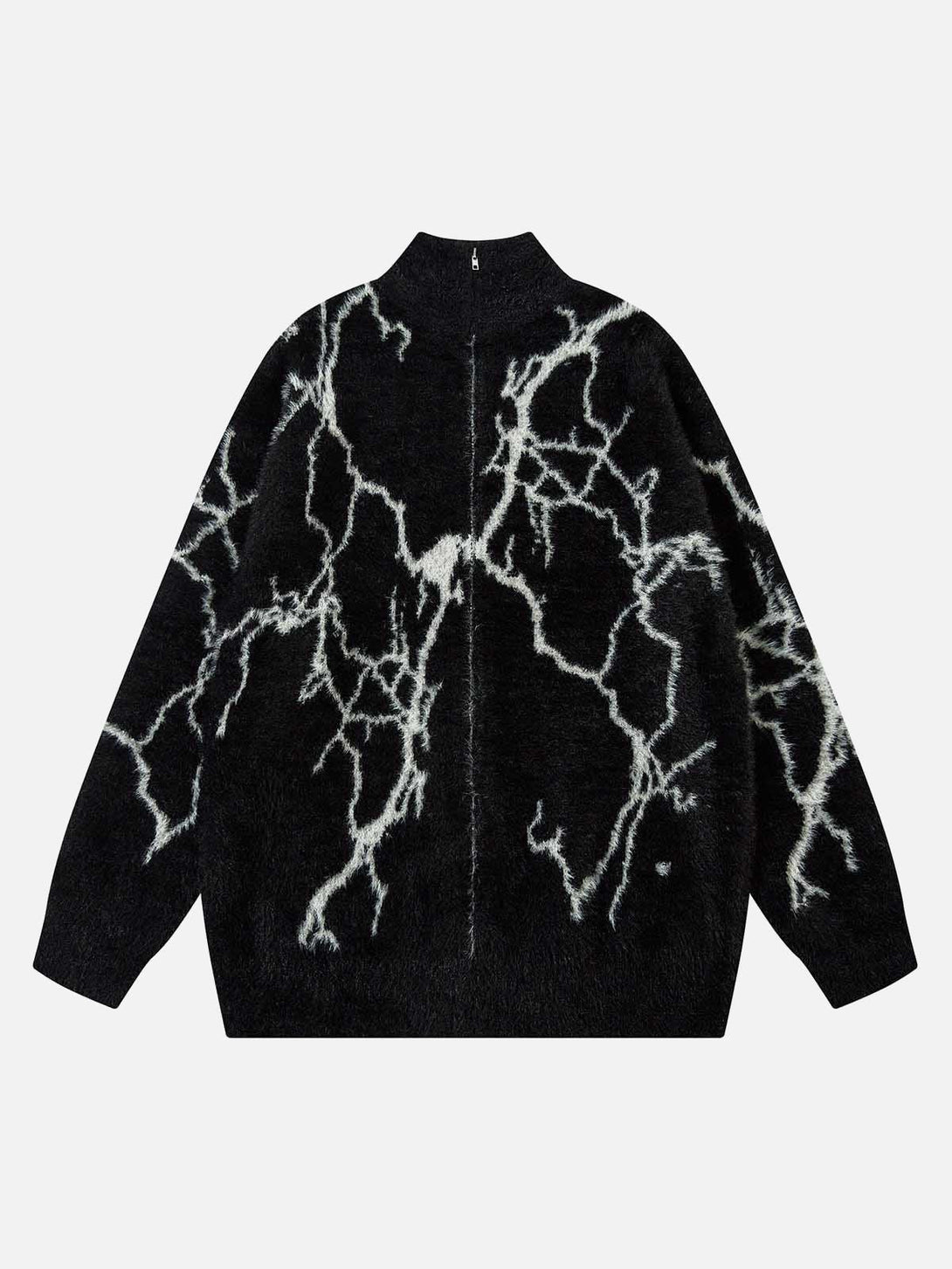 TALISHKO black sweater with lightning pattern, featuring a zip-up design in a front view.