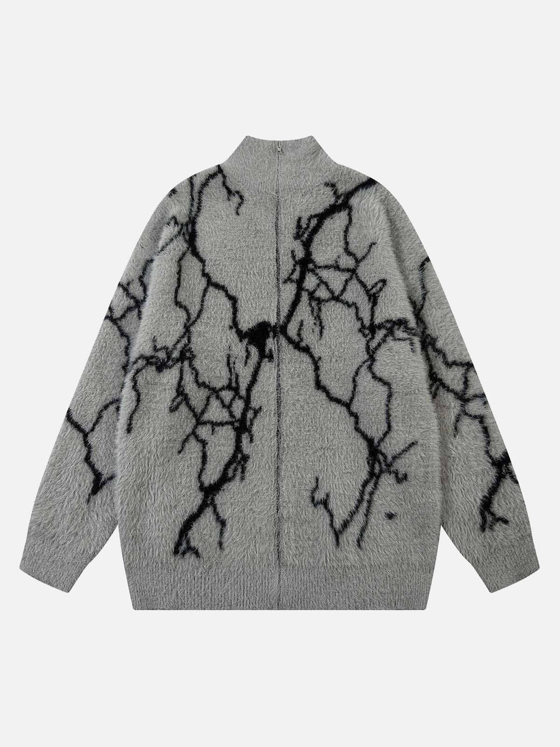 A gray zip-up sweater by TALISHKO with a lightning pattern, shown from the back.