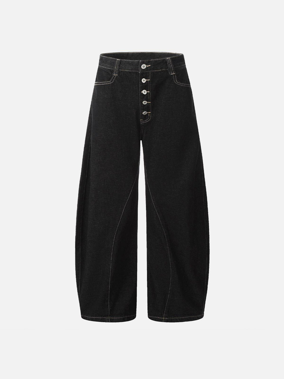 Front view of black barrel loose jeans with line embroidery by TALISHKO, perfect for urban style.