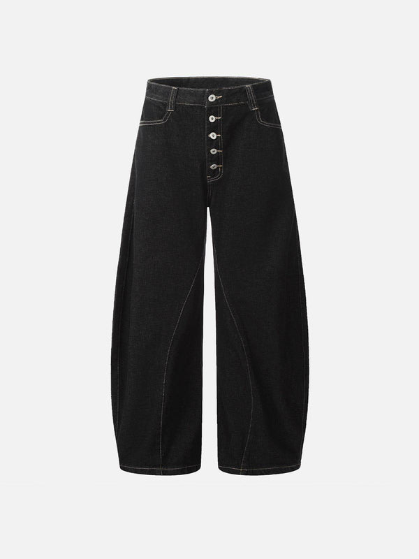 Front view of black barrel loose jeans with line embroidery by TALISHKO, perfect for urban style.