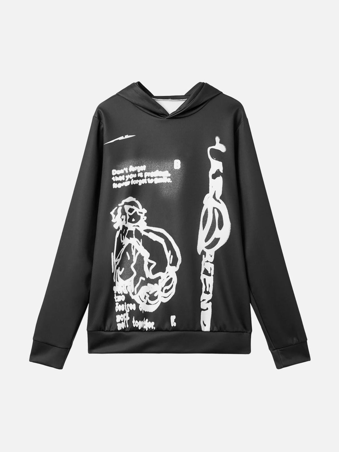Front view of black hoodie featuring abstract white character design by TALISHKO, ideal for urban style.