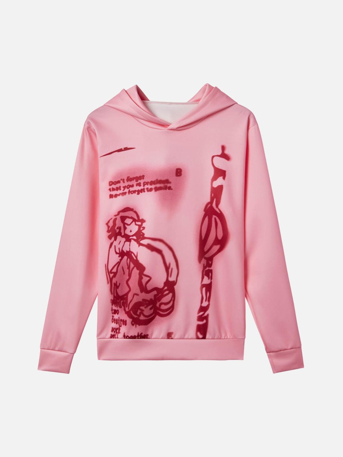 Pink hoodie with abstract red character design, front view by TALISHKO, perfect for casual wear.