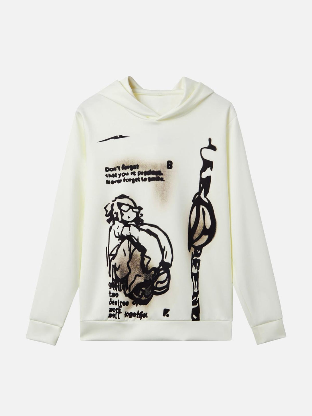 Front view of white hoodie featuring abstract character design by TALISHKO, ideal for urban style.