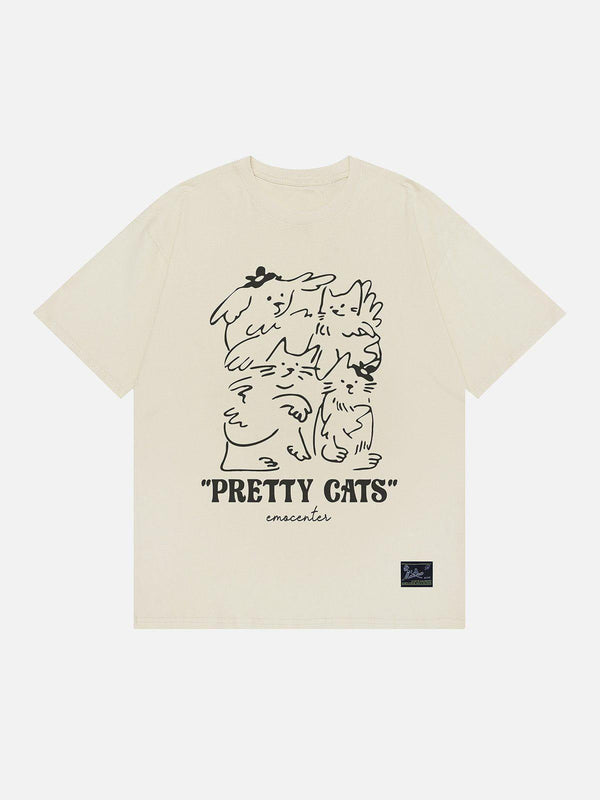 Front view of apricot line print tee featuring playful cat design, crafted by TALISHKO.