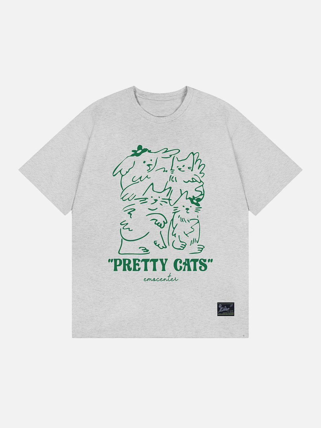 Front view of gray TALISHKO line print tee with playful cat design, perfect for casual style.