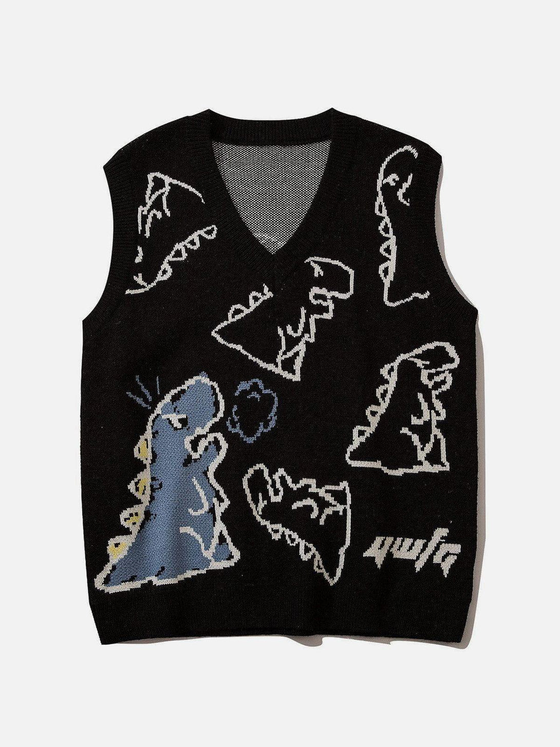 Front view of a black sweater vest with playful dinosaur graphics, designed by TALISHKO.