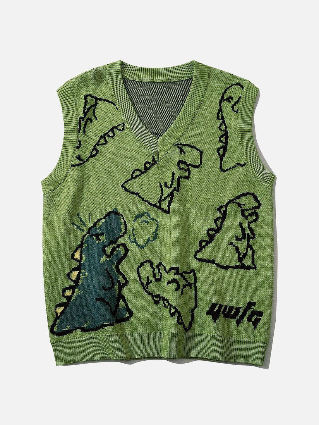 Front view of a green sweater vest with playful dinosaur graphics by TALISHKO.