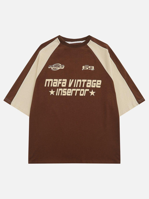 Front view of a coffee-toned TALISHKO tee with bold vintage graphics, ideal for casual outings.